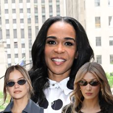 Michelle Williams, Barbara Palvin, and Bella Hadid wearing middle part hairstyles.