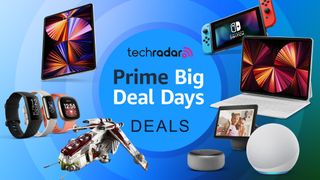 A selection of tech products including iPad, Amazon Echo, Nintendo Switch and Apple Watch on a blue background with concentric circles and the logo TechRadar Prime Big Deal Days in the center