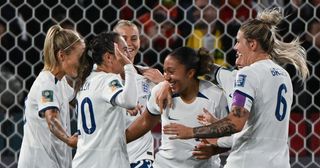 England Women's World Cup 2023 squad: England's forward #07 Lauren James (C) celebrates with her teammates after scoring her team's third goal during the Australia and New Zealand 2023 Women's World Cup Group D football match between China and England at Hindmarsh Stadium in Adelaide on August 1, 2023.