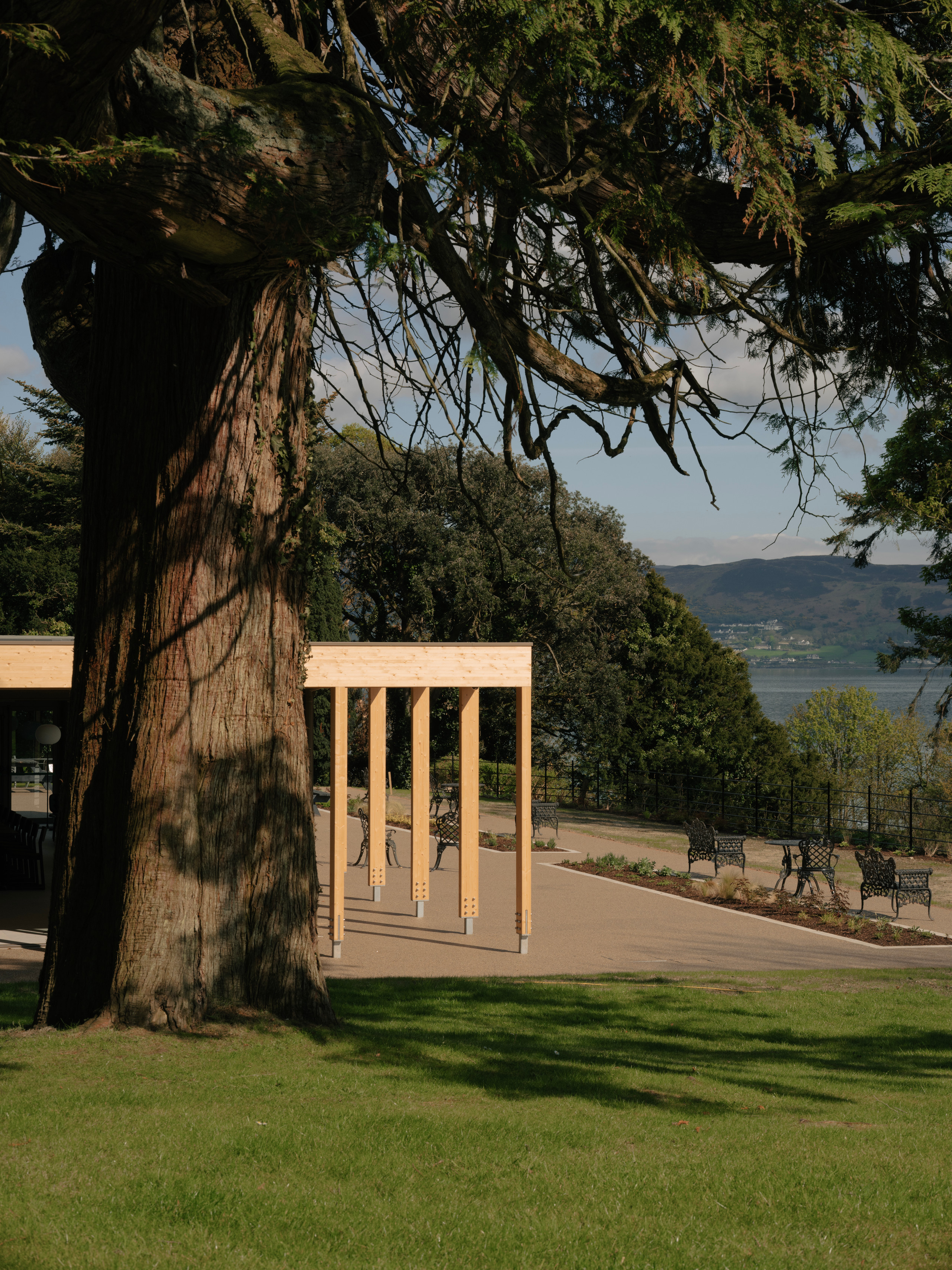 The lightweight glulam timber addition reads as a landscape pavilion