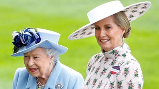 Queen Elizabeth II (wearing her Sapphire Jubilee Snowflake Brooch) and Duchess Sophie attend day one of Royal Ascot 2019