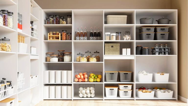 an image of an organized pantry with storage and produce