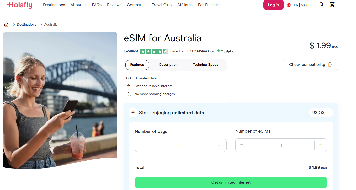 Screen grab of Holafly eSIM for Australia