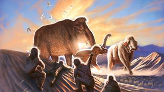 Art work showing early Alaskans watching three mammoths from dunes in Alaska.