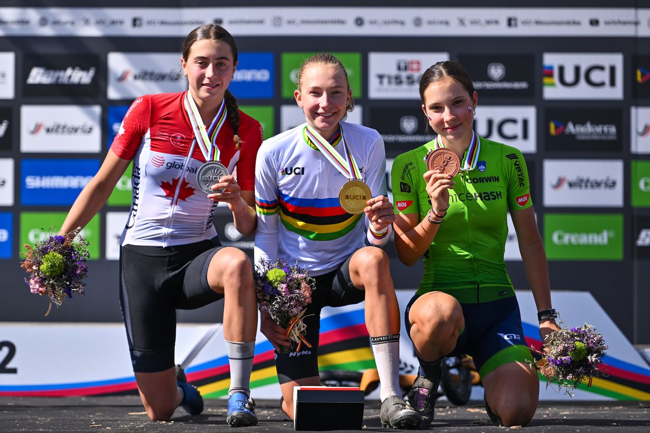 The final women's podium at the 2024 MTB World Championships junior XCO race