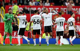 MANCHESTER, ENGLAND - SEPTEMBER 01: (THE SUN OUT, THE SUN. ON SUNDAY OUT) Alisson Becker, Luis Diaz, Trent Alexander-Arnold, Virgil Van Dijk, Mohamed Salah and Diogo Jota of Liverpool before the Premier League match between Manchester United FC and Liverpool FC at Old Trafford on September 01, 2024 in Manchester, England. (Photo by Nick Taylor/Liverpool FC/Liverpool FC via Getty Images)