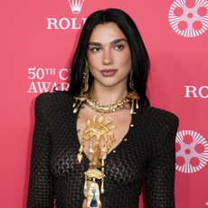 Dua Lipa at the 50th Chaplin Gala Honoring Pedro Almodóvar held at Lincoln Center on April 28, 2025 in New York, New York in a crochet dress