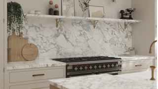 Kitchen with marble backsplash and worktop
