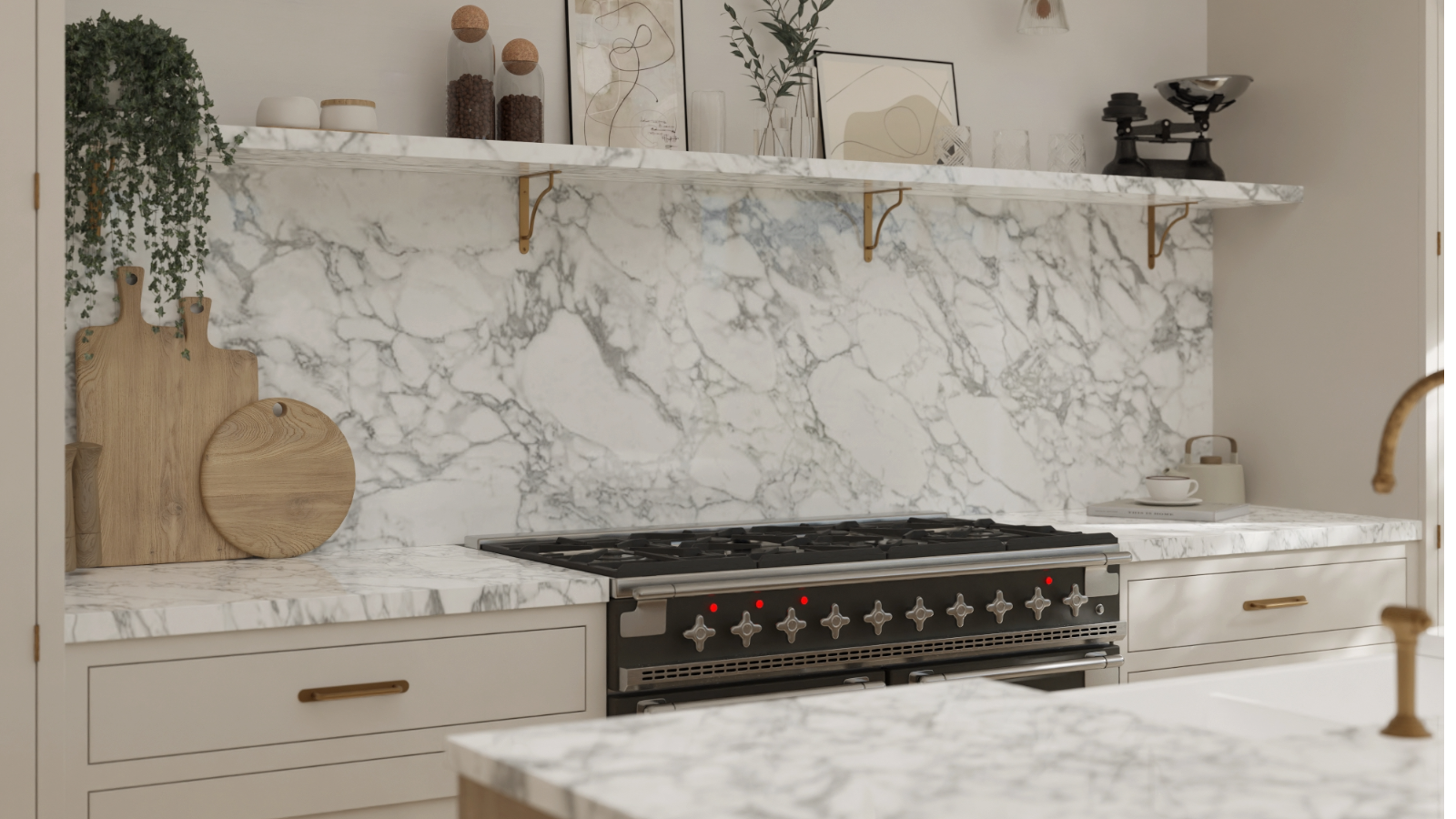 Kitchen with marble backsplash and worktop