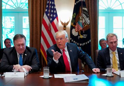 President Trump speaks as Secretary of State Mike Pompeo (L) and Deputy Secretary of Defense Patrick M. Shanahan look on during a cabinet meeting.