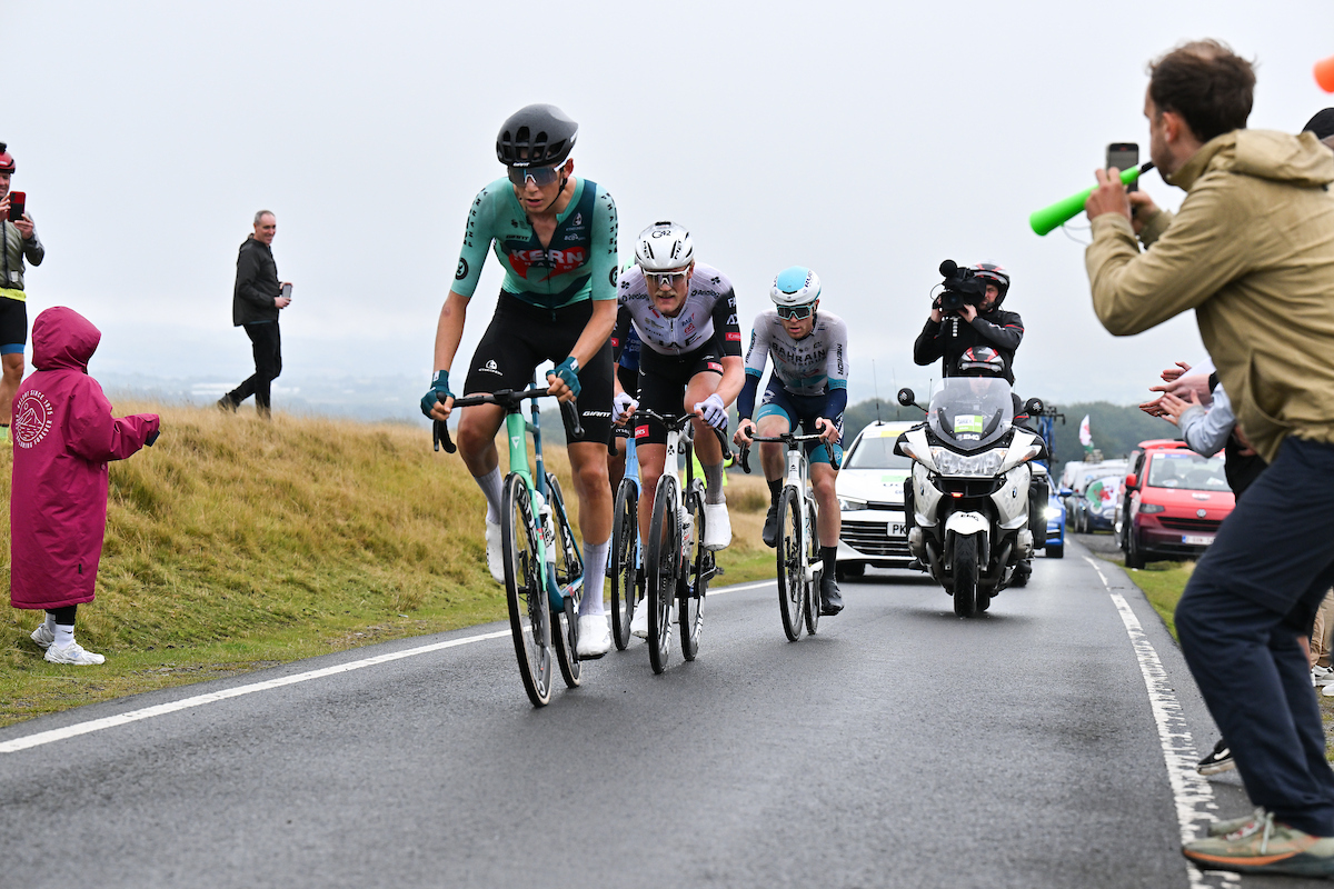 The Breakaway - Mats Wenzel (Equipo Kern Pharma), Julius Johansen (UAE Team Emirates &amp;ndash; XRG) Fred Wright (Bahrain &amp;ndash; Victorious), Bastien Tronchon (Decathlon AG2R La Mondiale Team) taking the KOM points