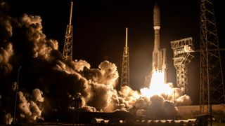 A United Launch Alliance Atlas V rocket launches 27 Amazon Leo internet satellites on Dec. 16, 2025.