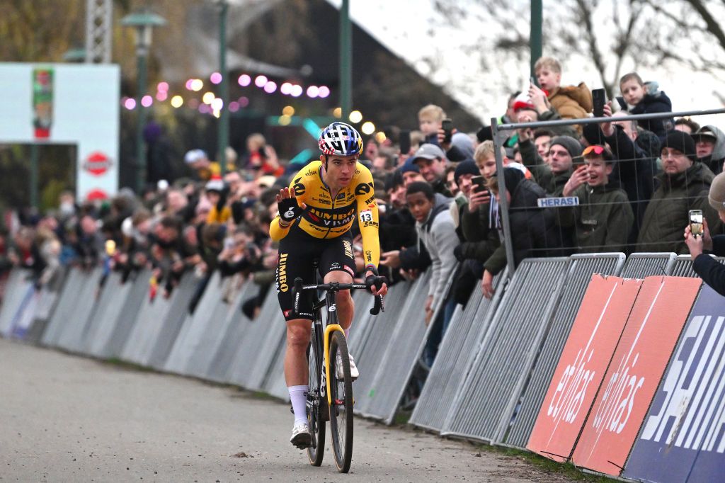 ANTWERP BELGIUM DECEMBER 23 Wout van Aert of Belgium and Team JumboVisma crosses the finish line on second place during the 17th UCI Cyclocross World Cup Antwerpen 2023 Mens Elite on December 23 2023 in Antwerp Belgium Photo by Luc ClaessenGetty Images