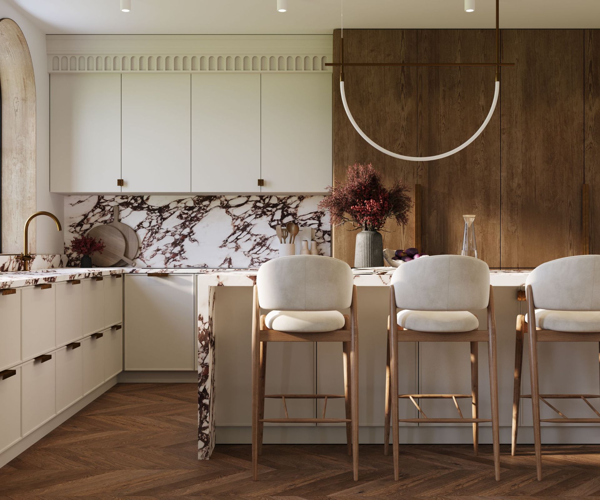 A midimalist kitchen with black and white marble countertops and backsplash, what cabinets, and wooden full length cabinets