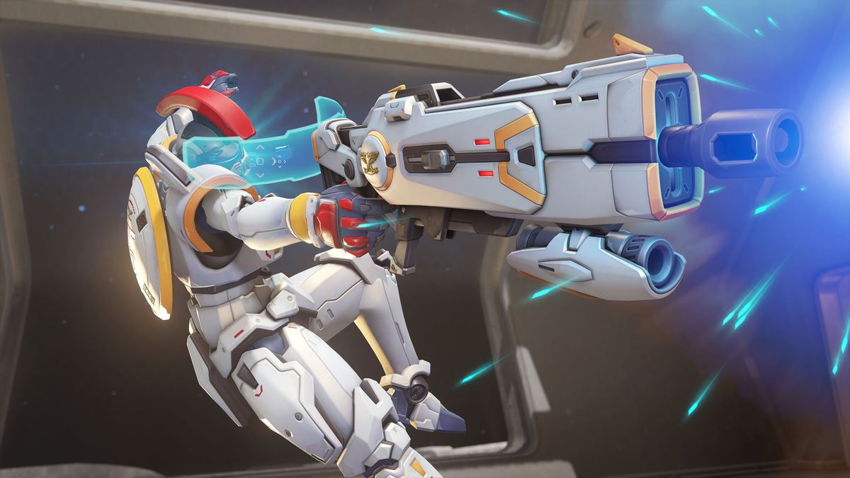 Promotional screenshot of Soldier 76 as Tallgeese in Overwatch 2