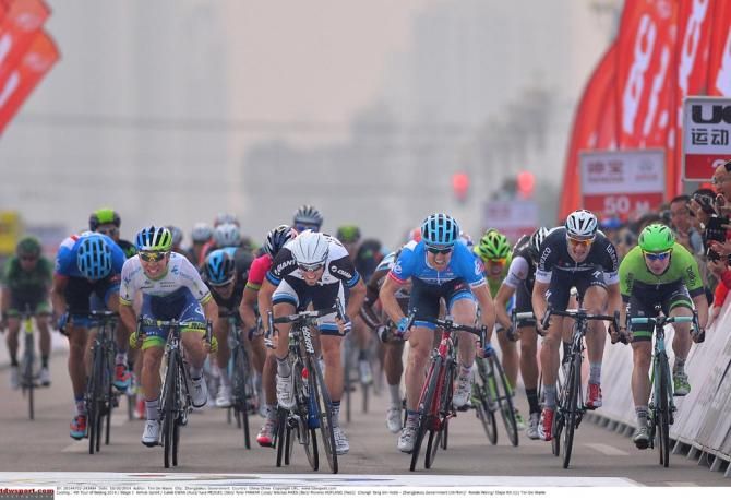 Luka Mezgec leads Tyler Farrar in the sprint