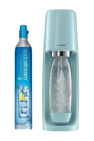 SodaStream Fizzi machine in blue, with pressurised can next to it