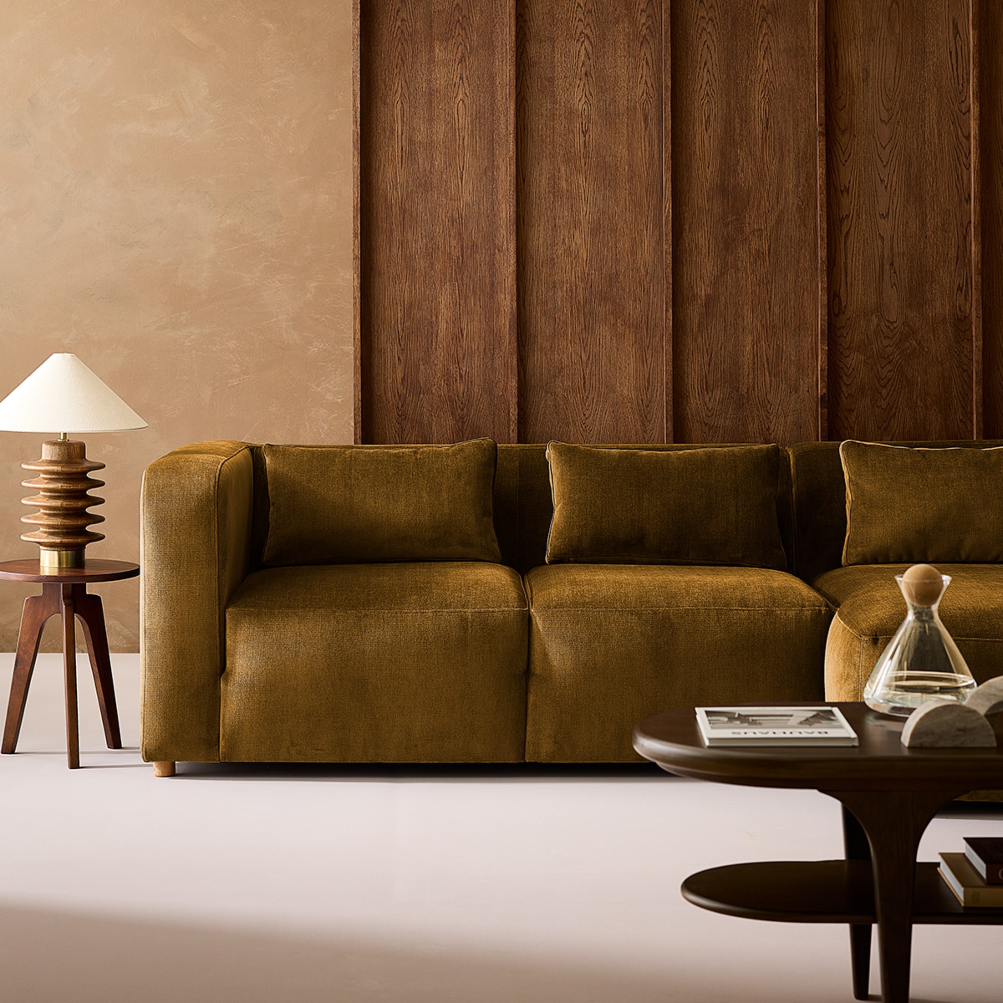 The new made-to-order Lars sofa from Habitat in a green colourway in a mid century modern-style living room