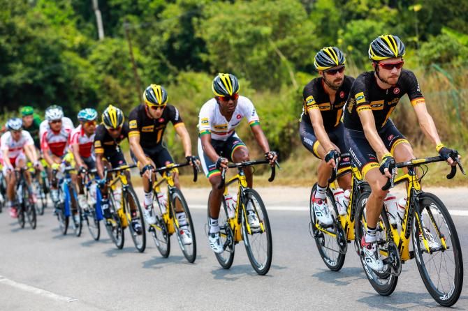 The MTN-Qhubeka team ride on the front