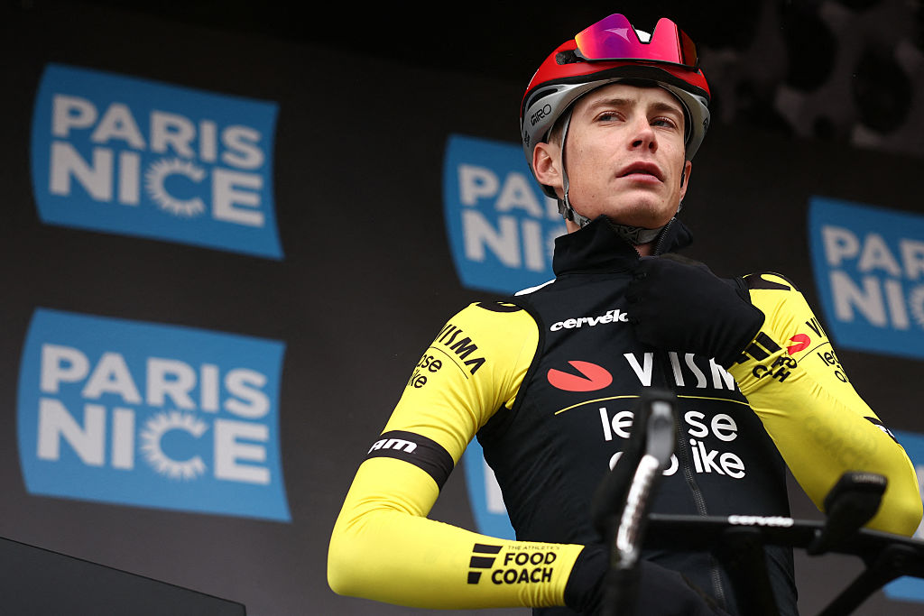 Team Visma-Lease a Bike's Danish rider Jonas Vingegaard reacts prior to the start of the 5th stage of the Paris-Nice cycling race, 203,3 km between Saint-Just-en-Chevalet and La C&ocirc;te-Saint-Andr&eacute;, on March 13, 2025. (Photo by Anne-Christine POUJOULAT / AFP)