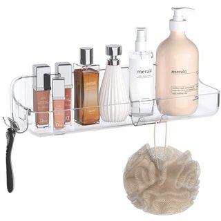 Plastic Shower Caddy With Razor Holder and Hook. The back is taller than the front and there are cosmetics and shampoos examples in the unit