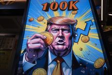 A cartoon image of US President-elect Donald Trump holding a Bitcoin token to mark the cryptocurrency reaching over $100,000 displayed at a Coinhero store in Hong Kong, China, on in Hong Kong, China, on Thursday, Dec. 5, 2024. Trump's pick of a crypto proponent to be the next head of the US securities regulator liftedBitcointo $100,000 for the first time as traders warmed to the prospect of relaxed regulations.