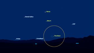 night sky map showing the location of the moon, saturn and venus in the sky tonight.