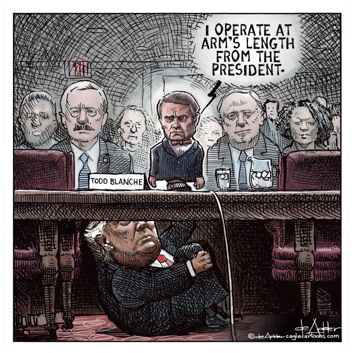 
                                A Todd Blanche puppet testifies before the Senate and says, “I operate at arm’s length from the president.” Meanwhile, Donald Trump is under the desk with his hand operating the puppet.
                            