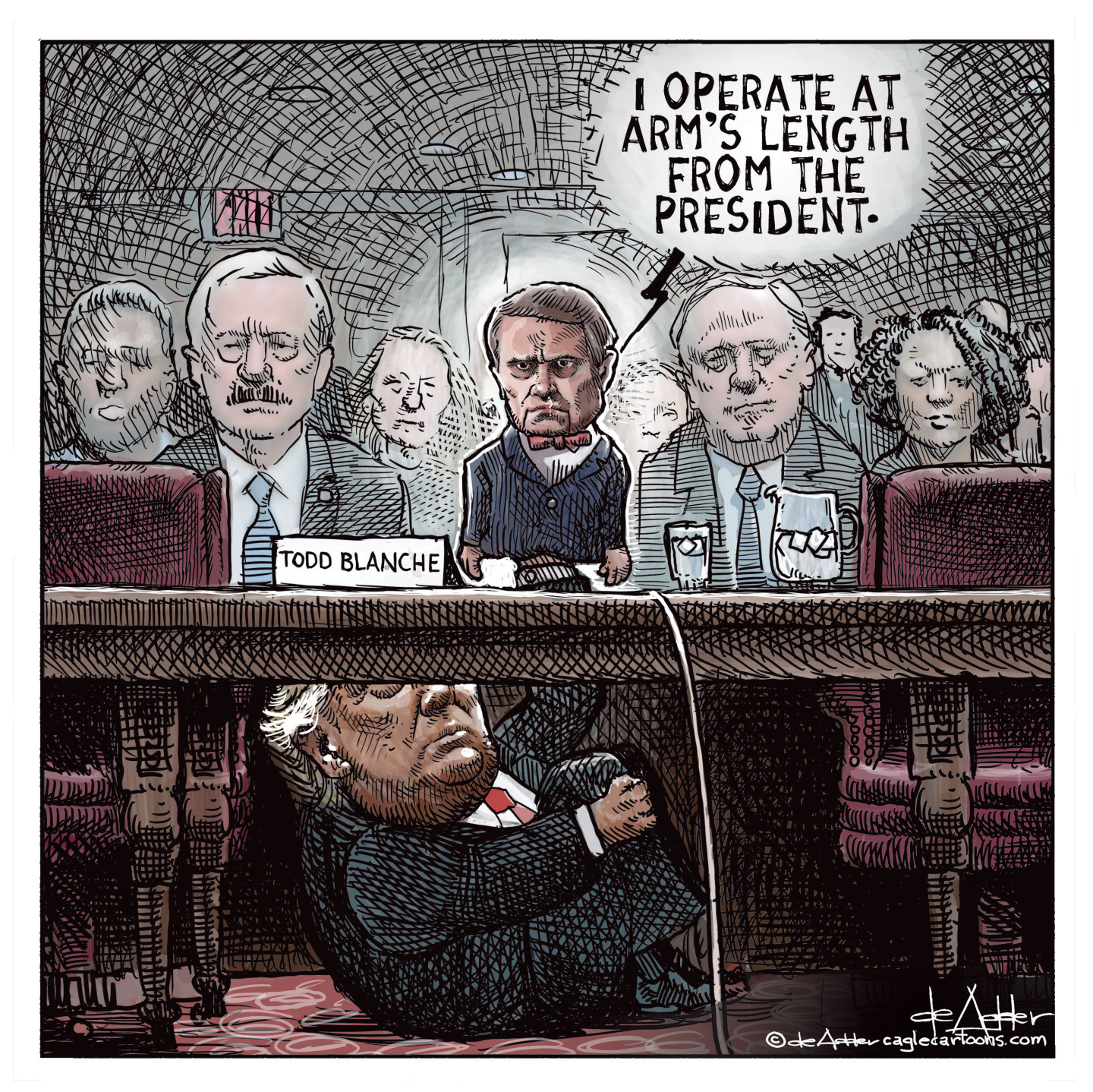 A Todd Blanche puppet testifies before the Senate and says, &amp;ldquo;I operate at arm&amp;rsquo;s length from the president.&amp;rdquo; Meanwhile, Donald Trump is under the desk with his hand operating the puppet.