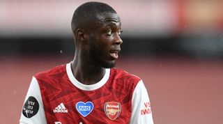 LONDON, ENGLAND - JULY 26: Nicolas Pepe of Arsenal during the Premier League match between Arsenal FC and Watford FC at Emirates Stadium on July 26, 2020 in London, England. (Photo by David Price/Arsenal FC via Getty Images)