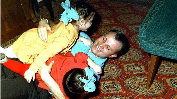 Famed Russian cosmonaut Yuri Gagarin is seen here with daughters Yelena and Galina in an undated photo. On April 12, 1961, Gagarin became the first human to travel into space, launched into orbit on the Vostok 3KA-3 spacecraft (Vostok 1).
