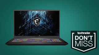 An MSI GF75 gaming laptop against a green backdrop next to a TechRadar "Don't Miss" deals badge