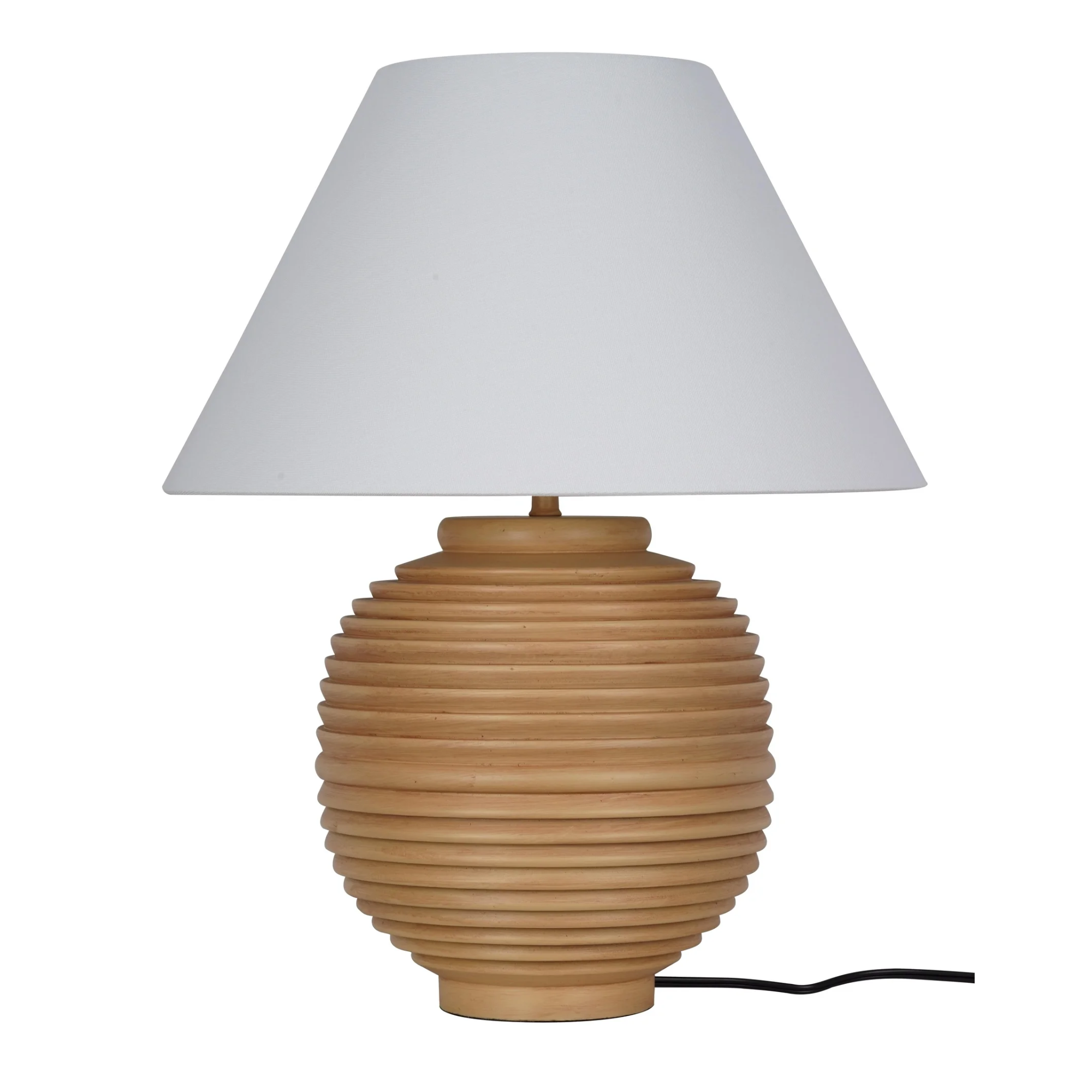 a table lamp with a grooved base and a white shade