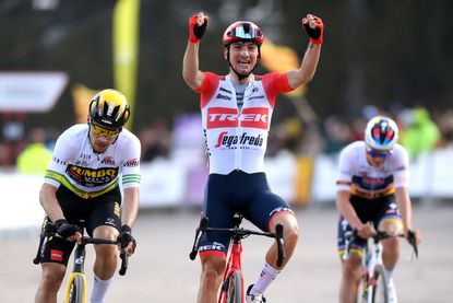 Ciccone celebrates victory over Primož Roglič and Remco Evenepoel at Vallter in March's Volta a Catalunya