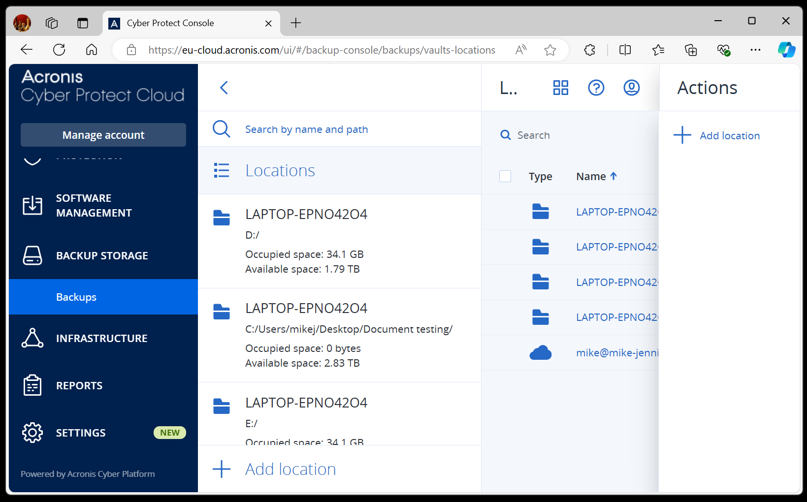 The backup locations overview screen in Acronis Cyber Protect.