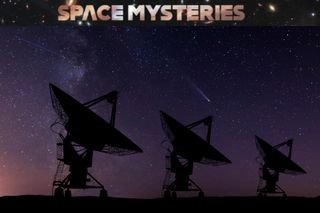 silhouettes of radio antennas pointed skyward under a starry night sky