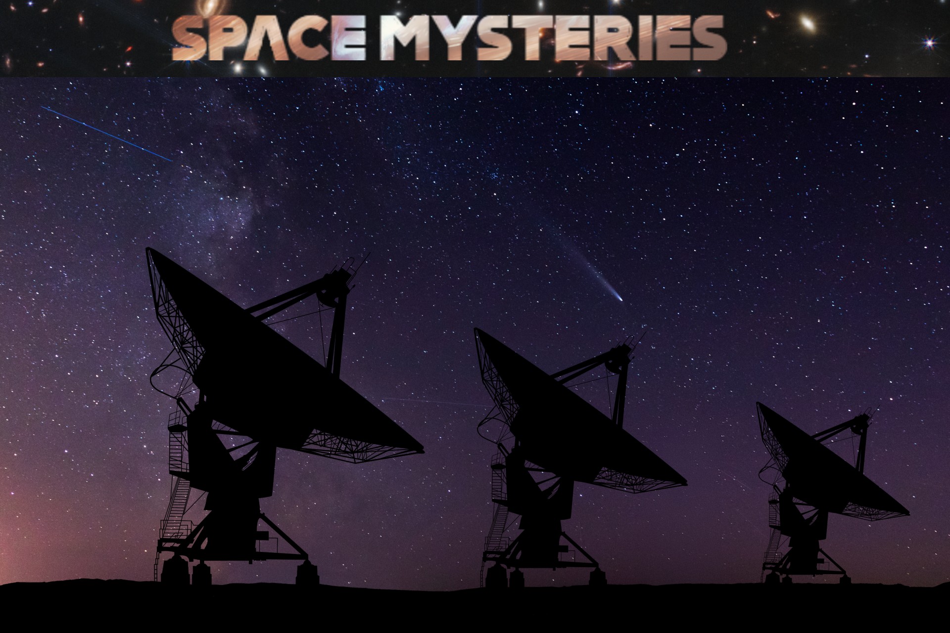 silhouettes of radio antennas pointed skyward under a starry night sky