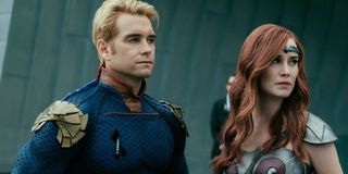 Antony Starr as Homelander and Dominique McElligott as Queen Maeve in The Boys
