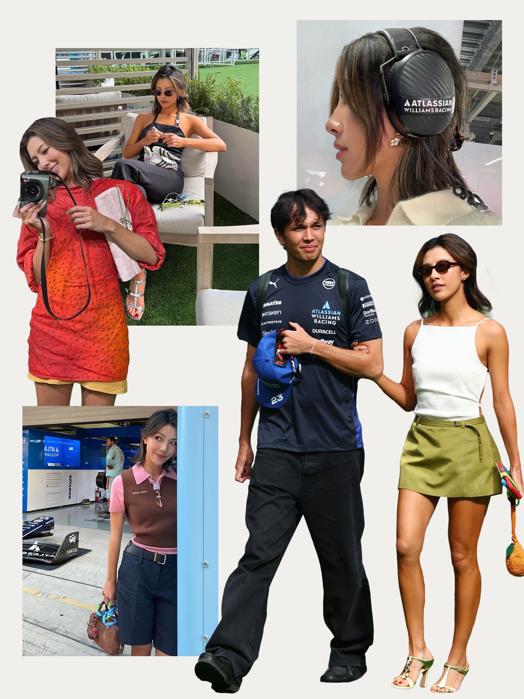 A collage of Lily Muni He in the F1 paddock wearing looks by Miu Miu, Sandy Liang, and more.