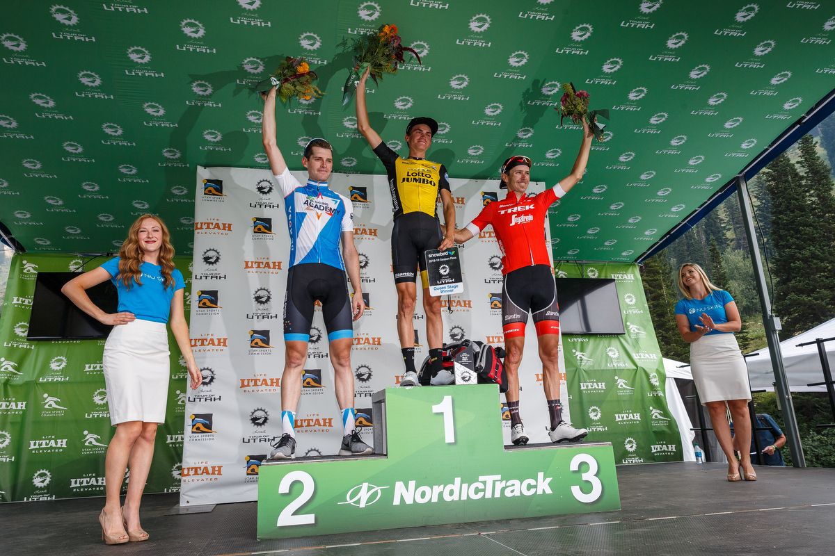 Ben Hermans, Sepp Kuss and Peter Stetina on the stage 5 podium at the Tour of Utah