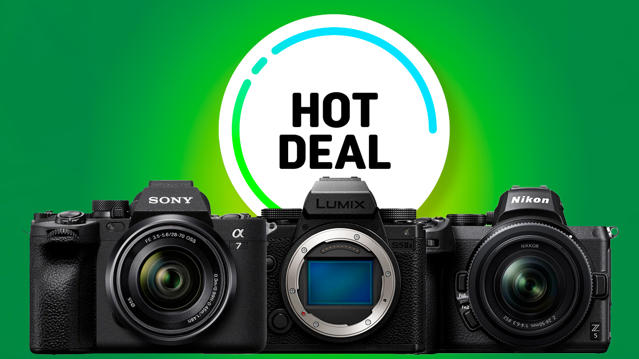 Three popular cameras: a Sony A7 IV, a Panasonic Lumix S5 IIX I, and a Nikon Z5, highlighted with &quot;Hot Deal&quot; text on a green background