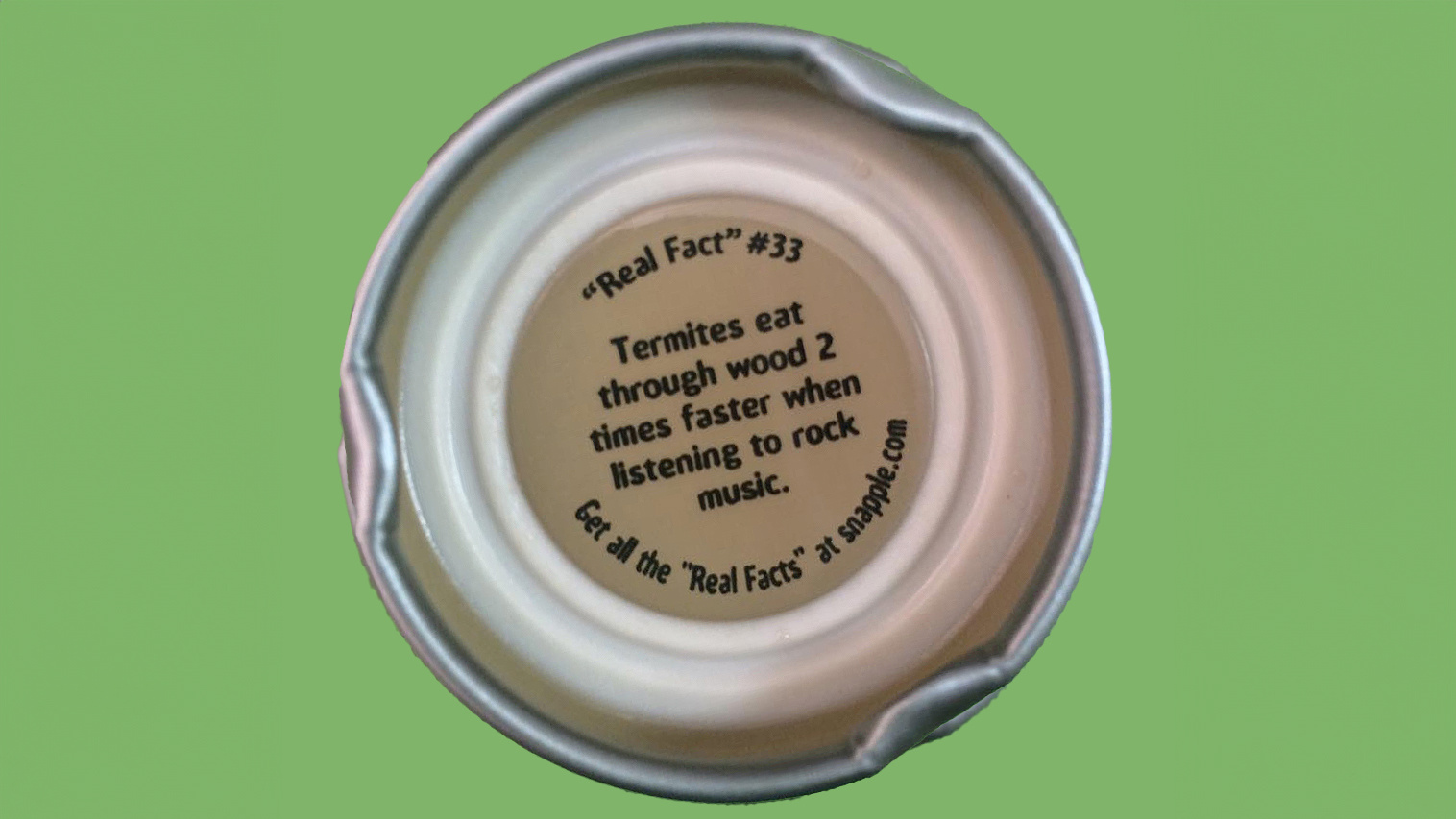 A Snapple bottle cap with the erroneous factoid that termites eat faster when exposed to rock music