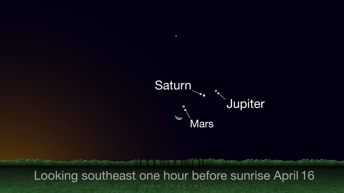 The waning crescent moon will meet up with the Red Planet in the dawn sky on April 16, 2020. The pair will be in conjunction at 12:33 a.m. EDT (0433 GMT). Look for them above the southeast horizon before sunrise.&nbsp;