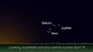 The waning crescent moon will meet up with the Red Planet in the dawn sky on April 16, 2020. The pair will be in conjunction at 12:33 a.m. EDT (0433 GMT). Look for them above the southeast horizon before sunrise.