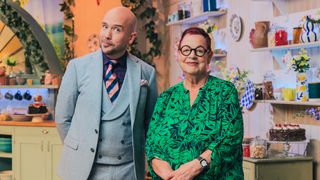 Tom and Jo on the Extra Slice set and smiling for the camera