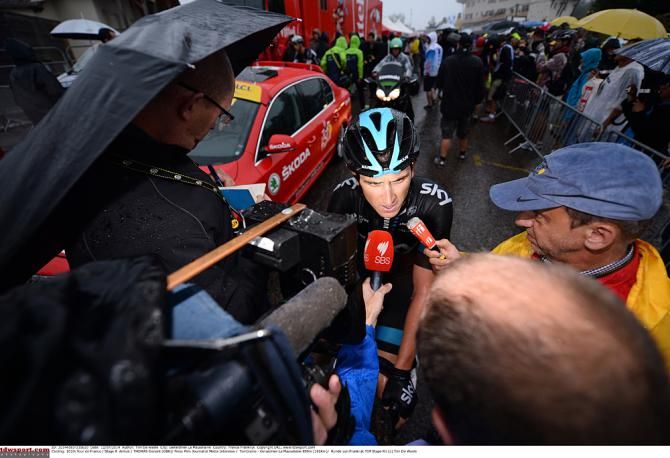 Geraint Thomas (Team Sky) talks to the press after stage 8