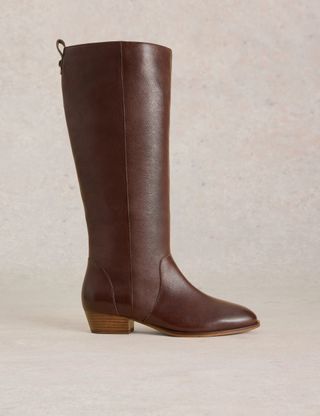 Leather Block Heel Knee High Boots