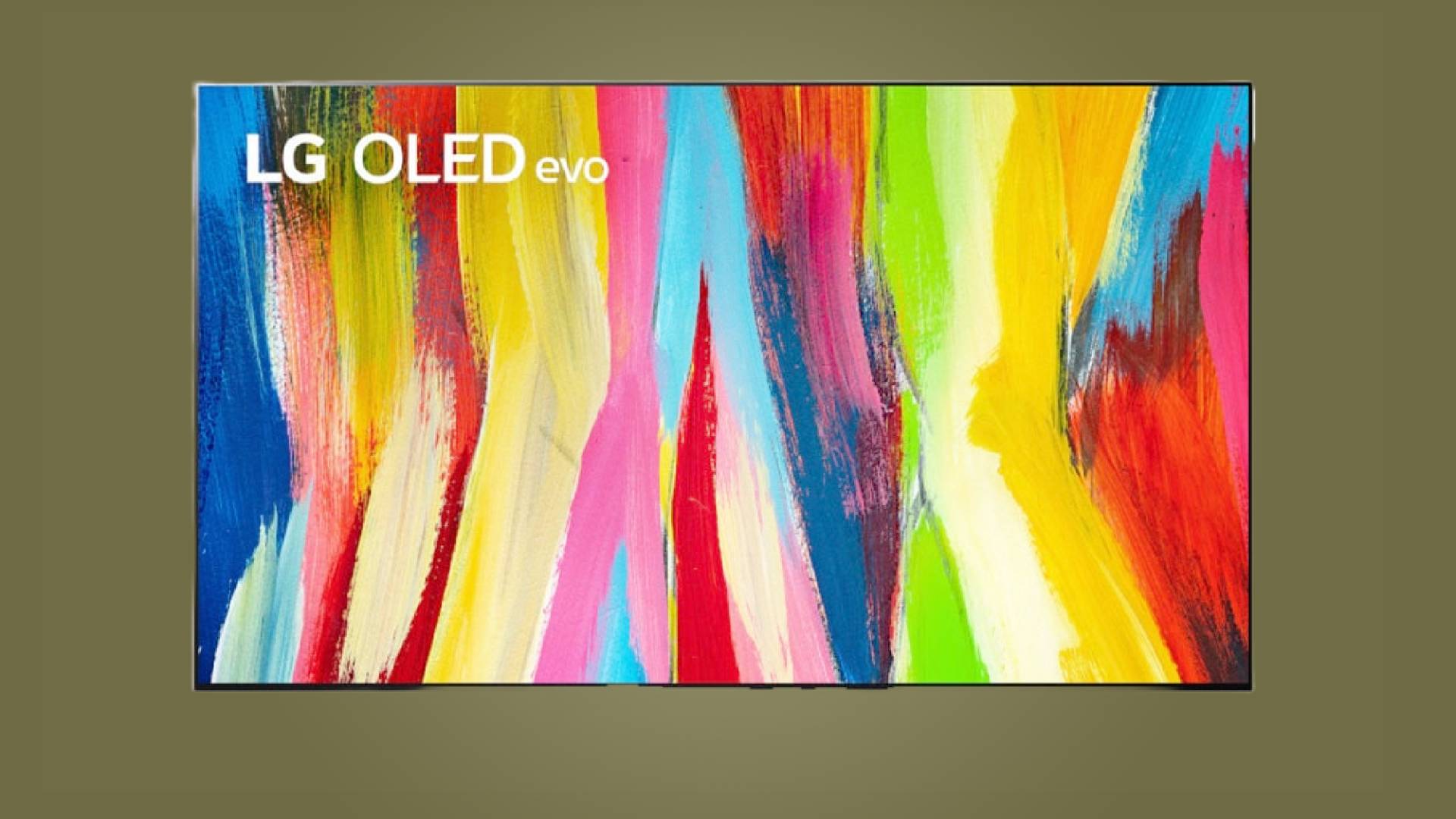 El televisor OLED LG C3 que muestra una impresión abstracta y colorida sobre un fondo verde