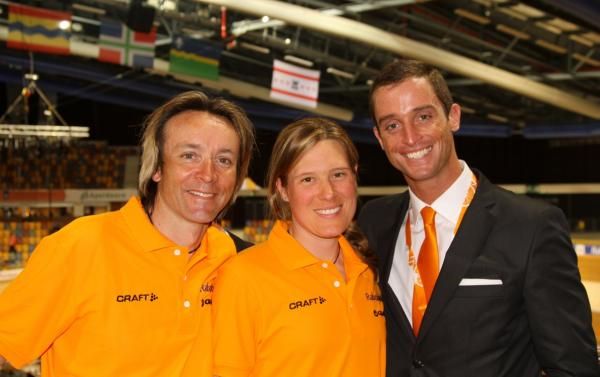 New signing Katie Compton (Rabobank-Giant) with a team representative and her agent Doug Eldridge of DLE Agency