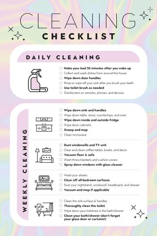 A daily and weekly cleaning checklist on a pastel abstract background